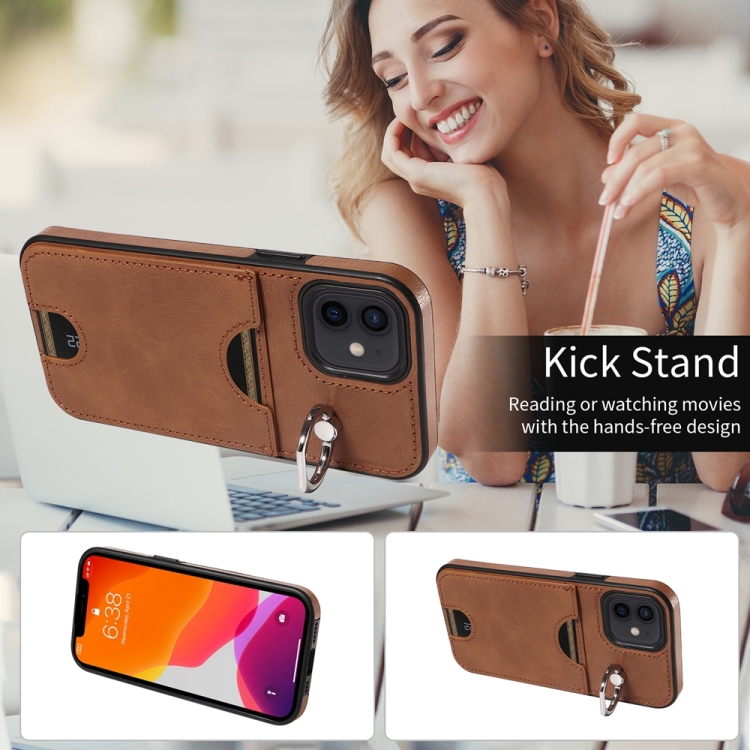 For iPhone 12 / 12 Pro Calf Texture Card Slot Ring Holder Phone Case(Brown) For iPhone 12 / 12 Pro Calf Texture Card Slot Ring Holder Phone Case(Brown)