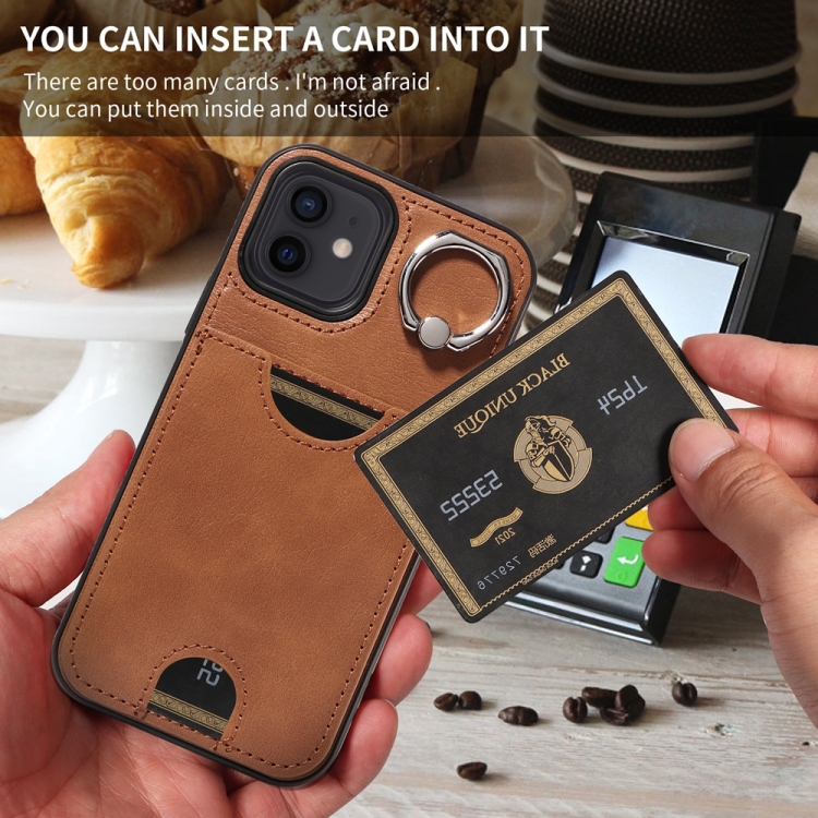 For iPhone 12 / 12 Pro Calf Texture Card Slot Ring Holder Phone Case(Brown) For iPhone 12 / 12 Pro Calf Texture Card Slot Ring Holder Phone Case(Brown)