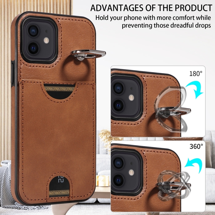 For iPhone 12 / 12 Pro Calf Texture Card Slot Ring Holder Phone Case(Brown) For iPhone 12 / 12 Pro Calf Texture Card Slot Ring Holder Phone Case(Brown)