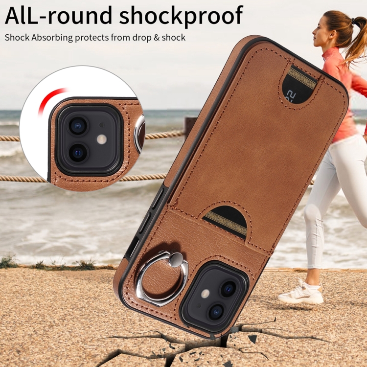 For iPhone 12 / 12 Pro Calf Texture Card Slot Ring Holder Phone Case(Brown) For iPhone 12 / 12 Pro Calf Texture Card Slot Ring Holder Phone Case(Brown)