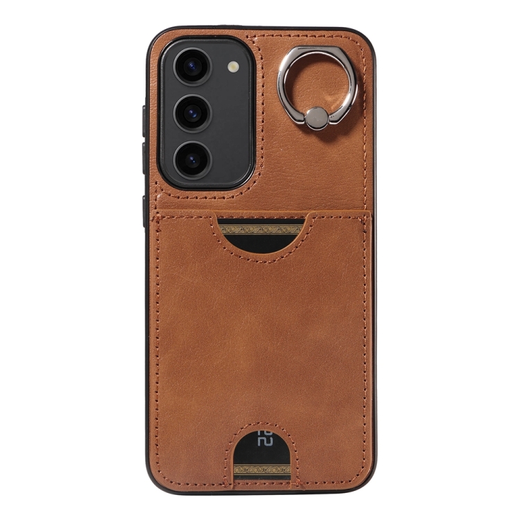 For Samsung Galaxy S23+ 5G Calf Texture Card Slot Ring Holder Phone Case(Brown)