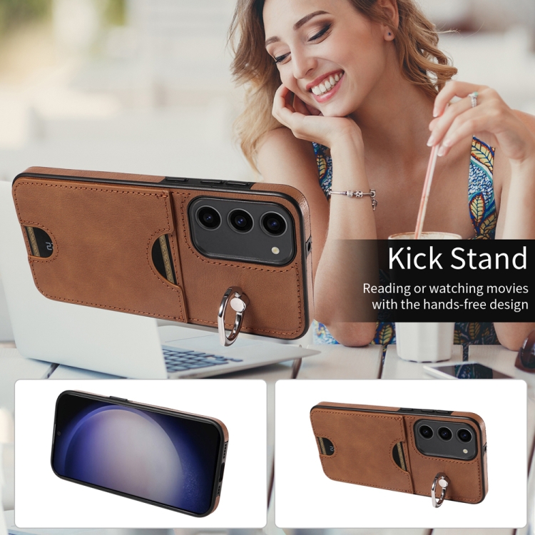 For Samsung Galaxy S23+ 5G Calf Texture Card Slot Ring Holder Phone Case(Brown)
