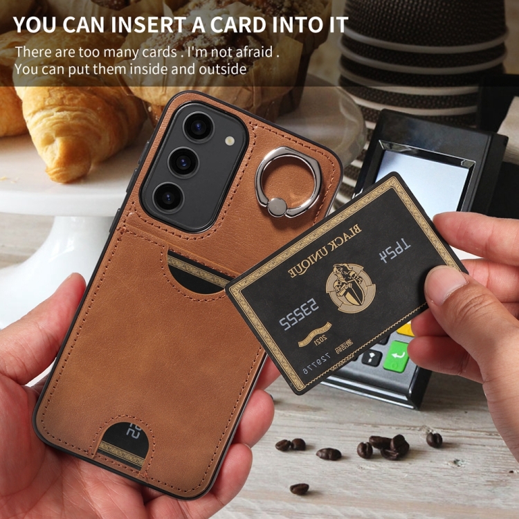 For Samsung Galaxy S23+ 5G Calf Texture Card Slot Ring Holder Phone Case(Brown)