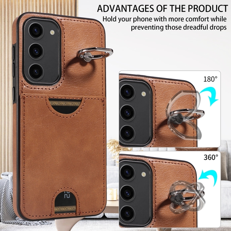 For Samsung Galaxy S23+ 5G Calf Texture Card Slot Ring Holder Phone Case(Brown)