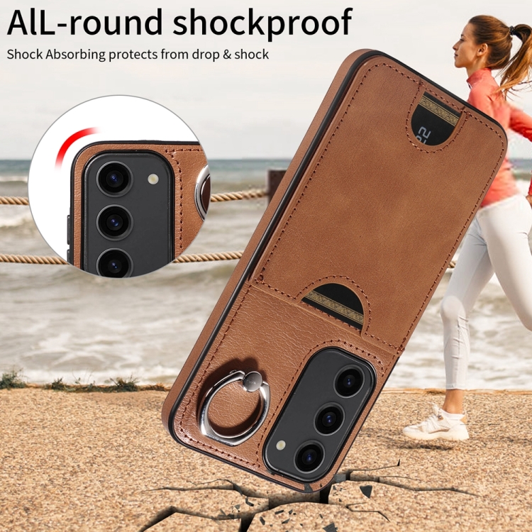 For Samsung Galaxy S23+ 5G Calf Texture Card Slot Ring Holder Phone Case(Brown)