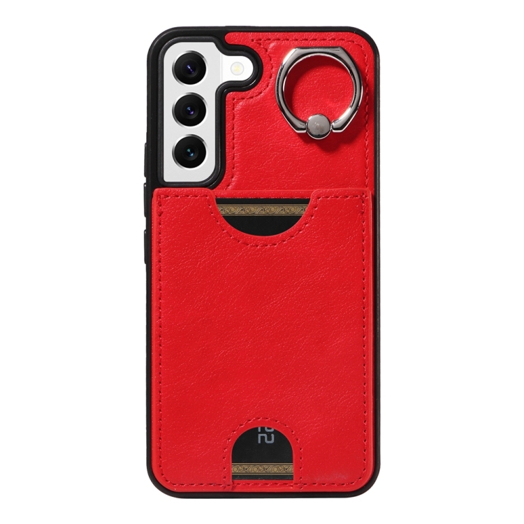 For Samsung Galaxy S22 5G Calf Texture Card Slot Ring Holder Phone Case(Red) For Samsung Galaxy S22 5G Calf Texture Card Slot Ring Holder Phone Case(Red)