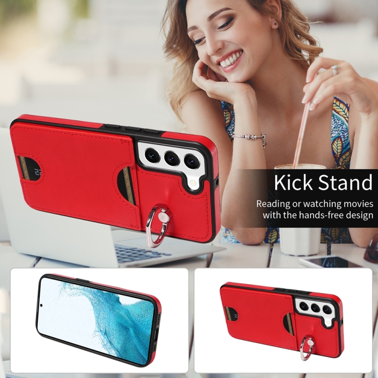 For Samsung Galaxy S22 5G Calf Texture Card Slot Ring Holder Phone Case(Red) For Samsung Galaxy S22 5G Calf Texture Card Slot Ring Holder Phone Case(Red)