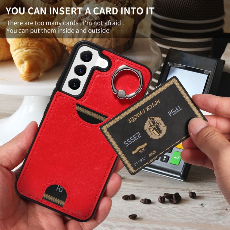 For Samsung Galaxy S22 5G Calf Texture Card Slot Ring Holder Phone Case(Red) For Samsung Galaxy S22 5G Calf Texture Card Slot Ring Holder Phone Case(Red)