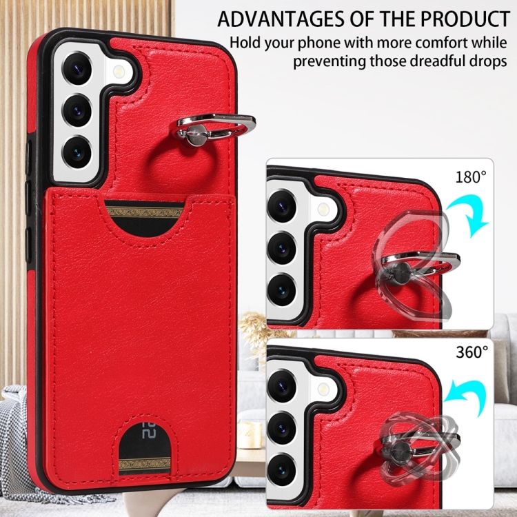 For Samsung Galaxy S22 5G Calf Texture Card Slot Ring Holder Phone Case(Red) For Samsung Galaxy S22 5G Calf Texture Card Slot Ring Holder Phone Case(Red)
