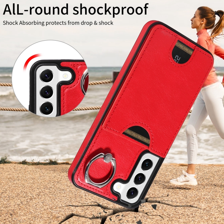 For Samsung Galaxy S22 5G Calf Texture Card Slot Ring Holder Phone Case(Red) For Samsung Galaxy S22 5G Calf Texture Card Slot Ring Holder Phone Case(Red)