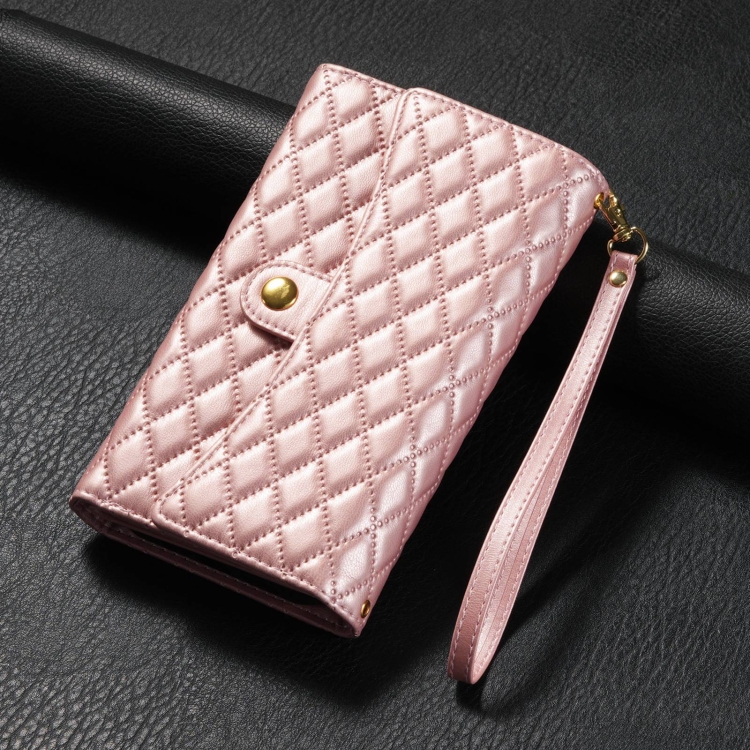 For iPhone 14 Pro Max Zipper Multi-Card Wallet Rhombic Leather Phone Case(Rose Gold) For iPhone 14 Pro Max Zipper Multi-Card Wallet Rhombic Leather Phone Case(Rose Gold)