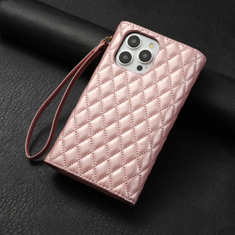 For iPhone 14 Pro Max Zipper Multi-Card Wallet Rhombic Leather Phone Case(Rose Gold) For iPhone 14 Pro Max Zipper Multi-Card Wallet Rhombic Leather Phone Case(Rose Gold)