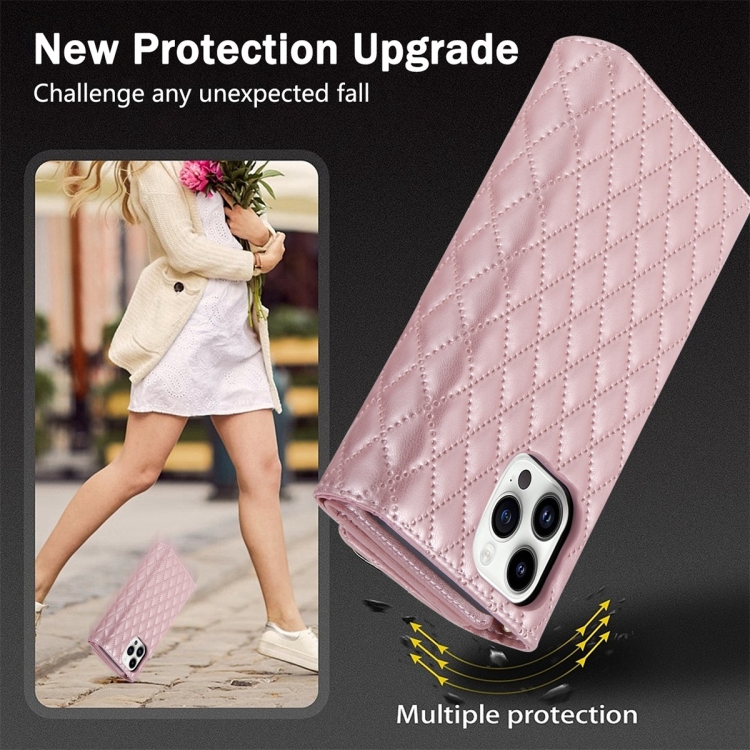 For iPhone 14 Pro Max Zipper Multi-Card Wallet Rhombic Leather Phone Case(Rose Gold) For iPhone 14 Pro Max Zipper Multi-Card Wallet Rhombic Leather Phone Case(Rose Gold)