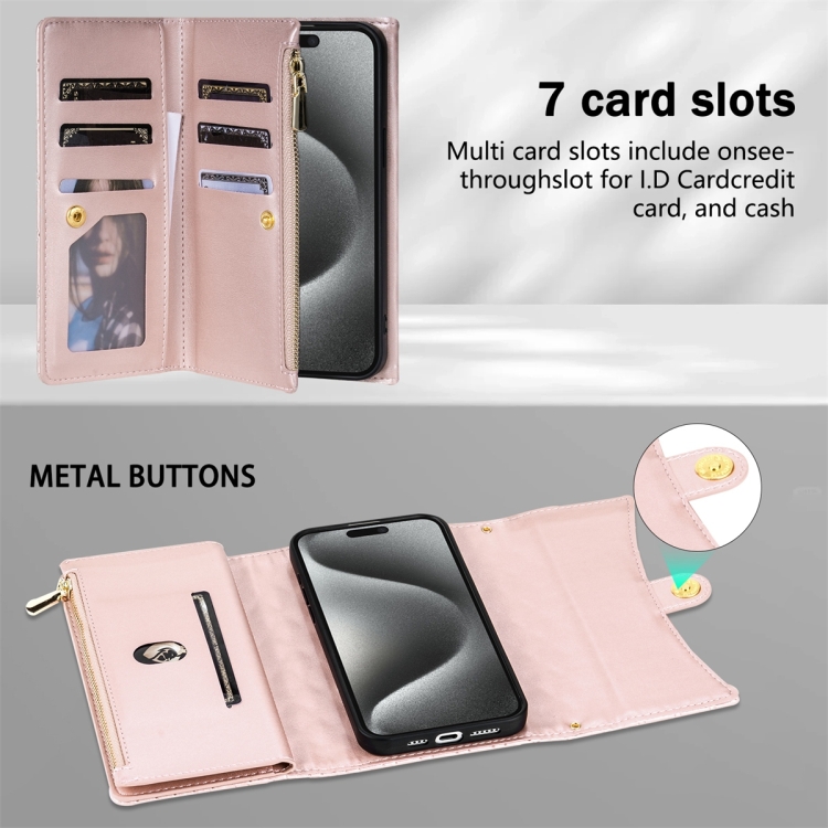 For iPhone 14 Pro Max Zipper Multi-Card Wallet Rhombic Leather Phone Case(Rose Gold) For iPhone 14 Pro Max Zipper Multi-Card Wallet Rhombic Leather Phone Case(Rose Gold)