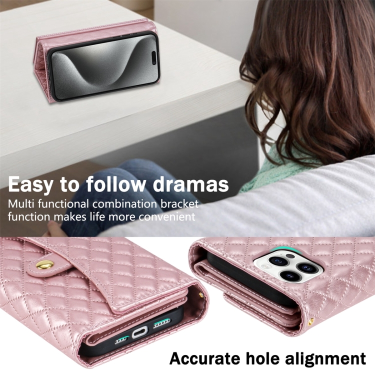 For iPhone 14 Pro Max Zipper Multi-Card Wallet Rhombic Leather Phone Case(Rose Gold) For iPhone 14 Pro Max Zipper Multi-Card Wallet Rhombic Leather Phone Case(Rose Gold)