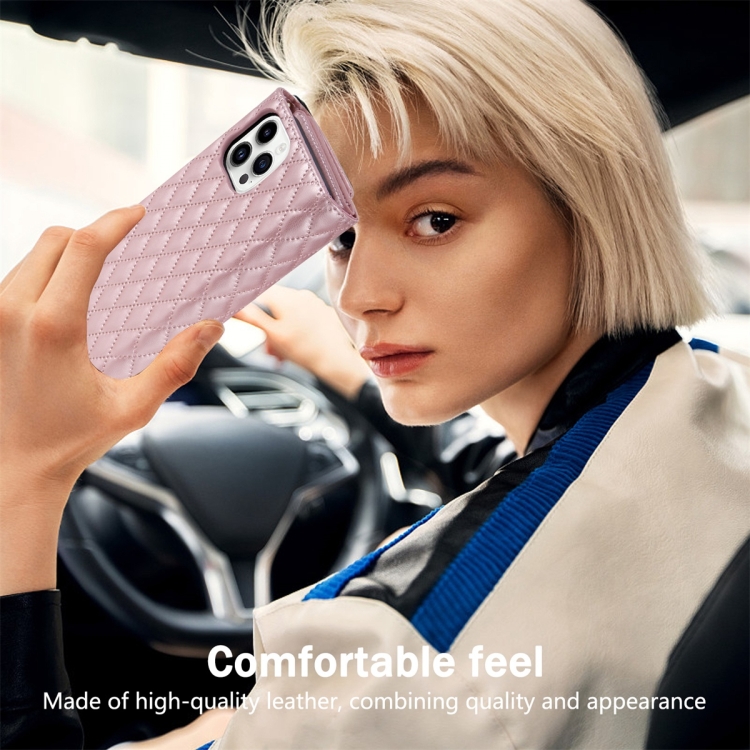 For iPhone 14 Pro Max Zipper Multi-Card Wallet Rhombic Leather Phone Case(Rose Gold) For iPhone 14 Pro Max Zipper Multi-Card Wallet Rhombic Leather Phone Case(Rose Gold)