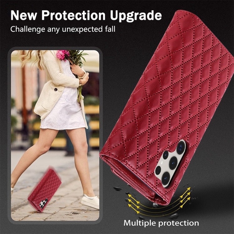 For Samsung Galaxy S24 Ultra 5G Zipper Multi-Card Wallet Rhombic Leather Phone Case(Red) For Samsung Galaxy S24 Ultra 5G Zipper Multi-Card Wallet Rhombic Leather Phone Case(Red)