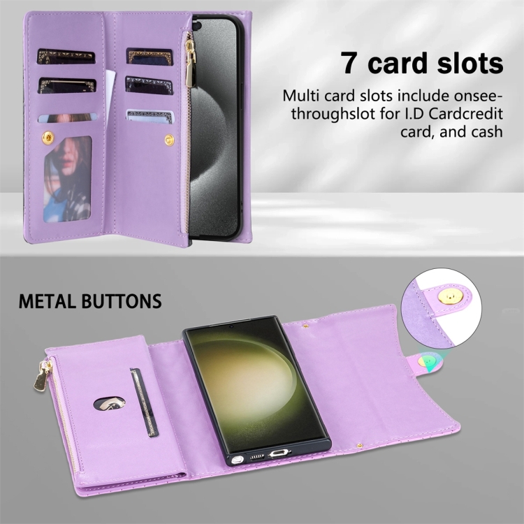 For Samsung Galaxy S23 Ultra 5G Zipper Multi-Card Wallet Rhombic Leather Phone Case(Purple)