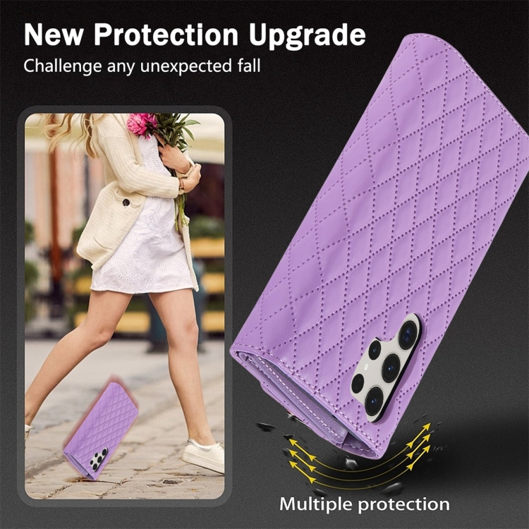 For Samsung Galaxy S23 Ultra 5G Zipper Multi-Card Wallet Rhombic Leather Phone Case(Purple)
