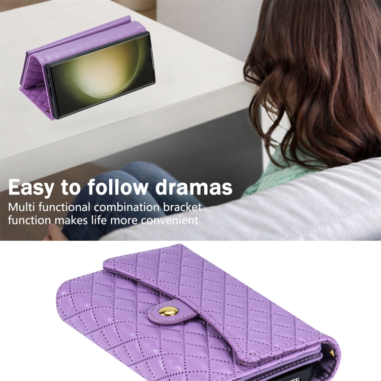 For Samsung Galaxy S23 Ultra 5G Zipper Multi-Card Wallet Rhombic Leather Phone Case(Purple)