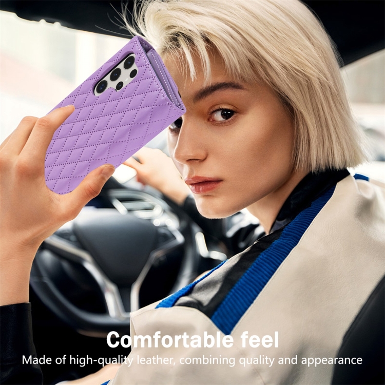For Samsung Galaxy S23 Ultra 5G Zipper Multi-Card Wallet Rhombic Leather Phone Case(Purple)