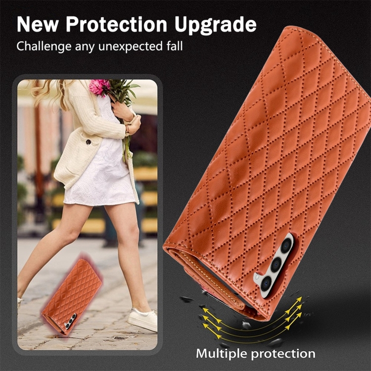 For Samsung Galaxy S23 5G Zipper Multi-Card Wallet Rhombic Leather Phone Case(Brown) For Samsung Galaxy S23 5G Zipper Multi-Card Wallet Rhombic Leather Phone Case(Brown)