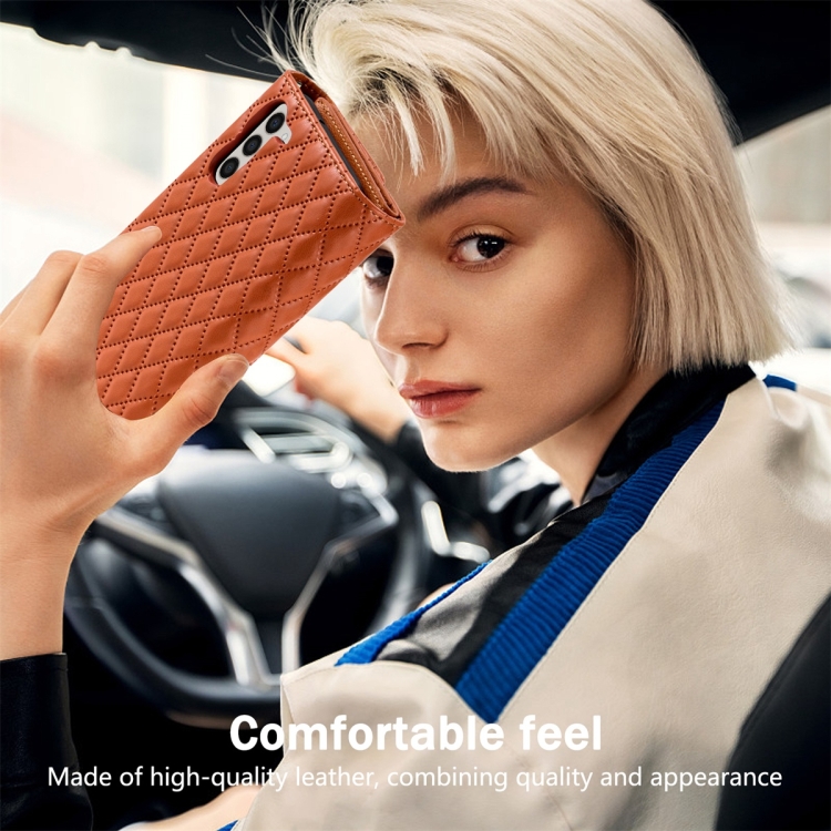 For Samsung Galaxy S23 5G Zipper Multi-Card Wallet Rhombic Leather Phone Case(Brown) For Samsung Galaxy S23 5G Zipper Multi-Card Wallet Rhombic Leather Phone Case(Brown)