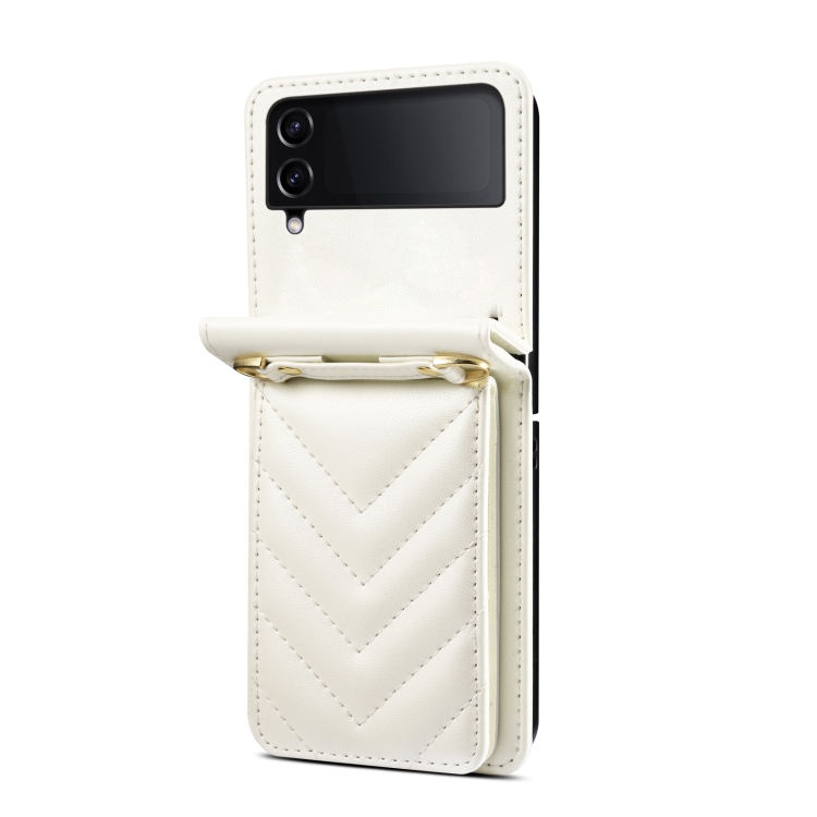 For Samsung Galaxy Z Flip4 Rhombic Folding Leather Phone Case with Long Lanyard(White) For Samsung Galaxy Z Flip4 Rhombic Folding Leather Phone Case with Long Lanyard(White)