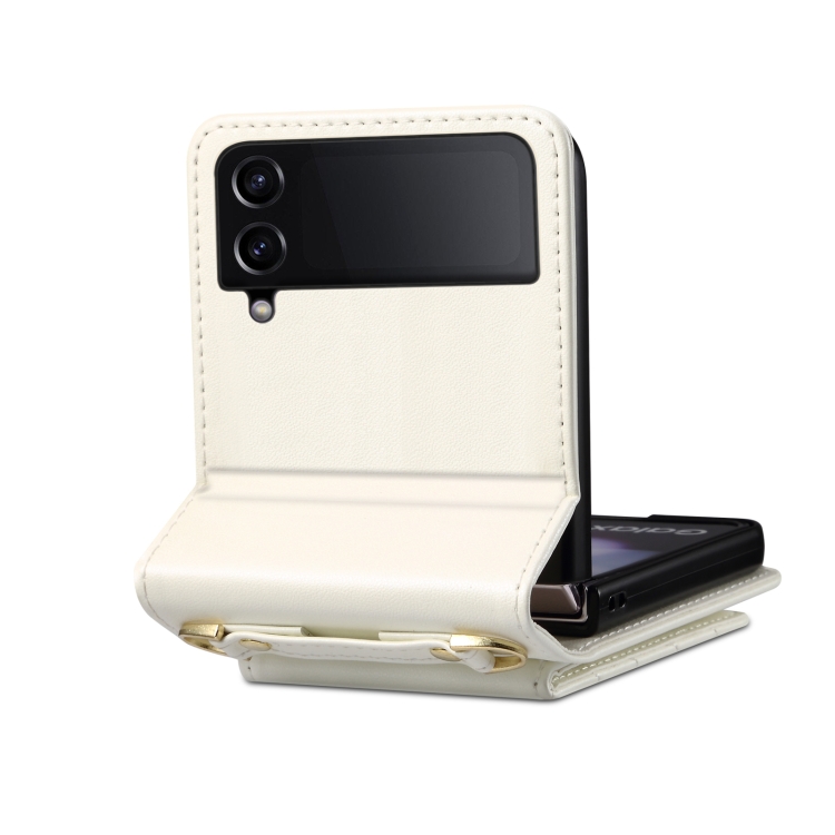 For Samsung Galaxy Z Flip4 Rhombic Folding Leather Phone Case with Long Lanyard(White) For Samsung Galaxy Z Flip4 Rhombic Folding Leather Phone Case with Long Lanyard(White)