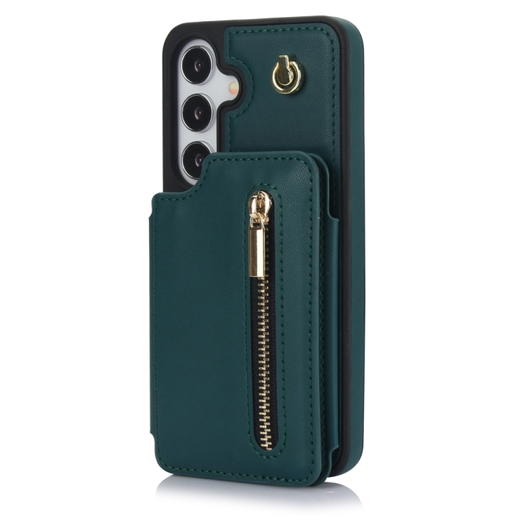 For Samsung Galaxy S24 5G YM006 Skin Feel Zipper Card Bag Phone Case with Dual Lanyard(Green)