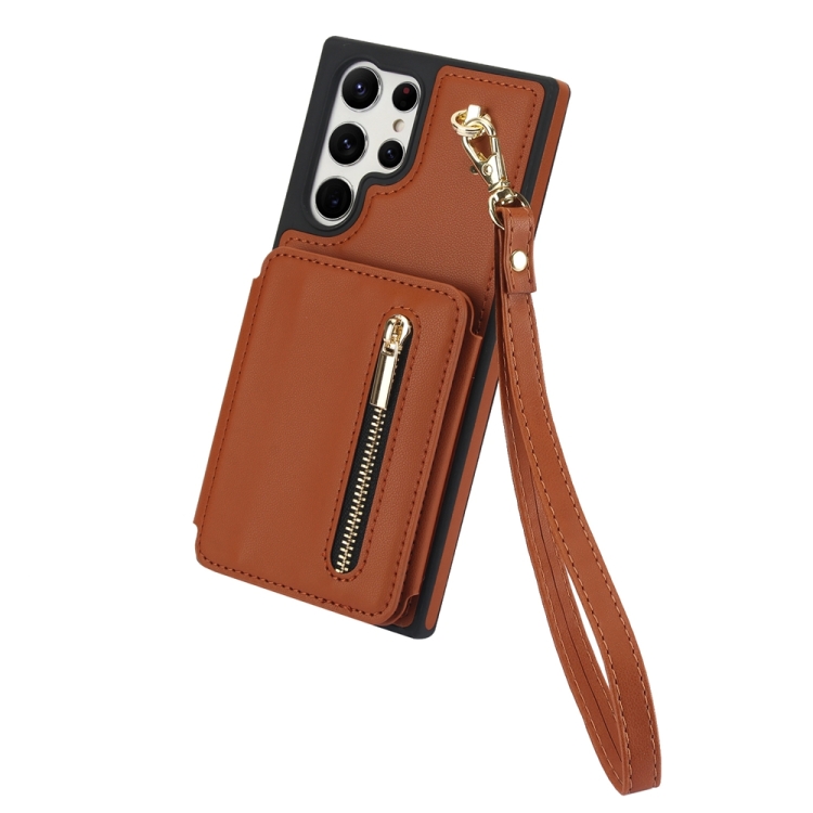 For Samsung Galaxy S23 Ultra 5G YM006 Skin Feel Zipper Card Bag Phone Case with Dual Lanyard(Brown) For Samsung Galaxy S23 Ultra 5G YM006 Skin Feel Zipper Card Bag Phone Case with Dual Lanyard(Brown)