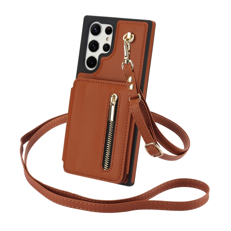 For Samsung Galaxy S23 Ultra 5G YM006 Skin Feel Zipper Card Bag Phone Case with Dual Lanyard(Brown) For Samsung Galaxy S23 Ultra 5G YM006 Skin Feel Zipper Card Bag Phone Case with Dual Lanyard(Brown)