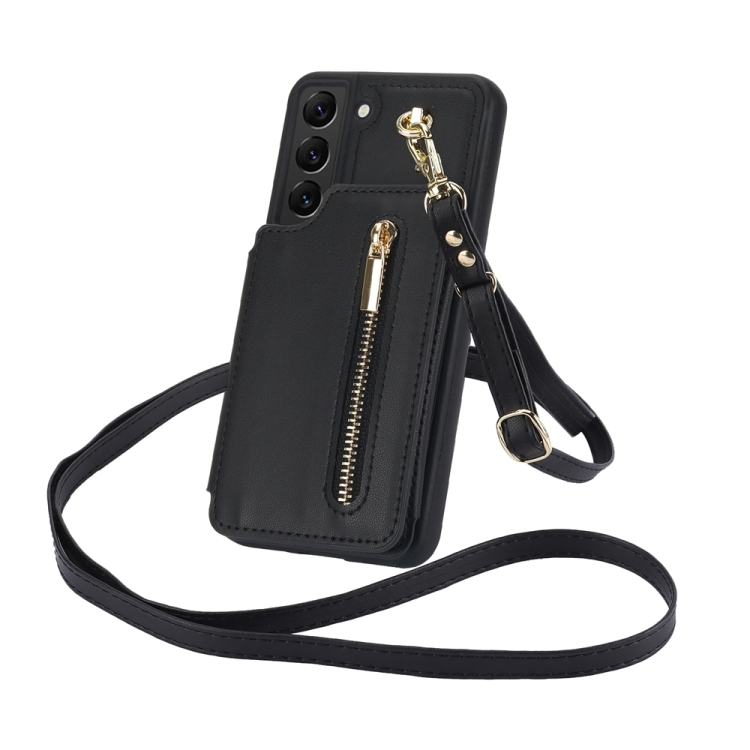 For Samsung Galaxy S22 5G YM006 Skin Feel Zipper Card Bag Phone Case with Dual Lanyard(Black) For Samsung Galaxy S22 5G YM006 Skin Feel Zipper Card Bag Phone Case with Dual Lanyard(Black)
