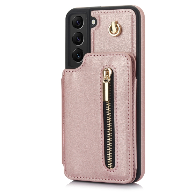 For Samsung Galaxy S22+ 5G YM006 Skin Feel Zipper Card Bag Phone Case with Dual Lanyard(Rose Gold) For Samsung Galaxy S22+ 5G YM006 Skin Feel Zipper Card Bag Phone Case with Dual Lanyard(Rose Gold)