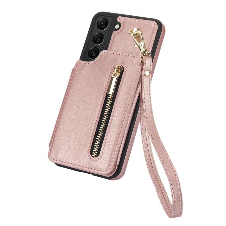 For Samsung Galaxy S22+ 5G YM006 Skin Feel Zipper Card Bag Phone Case with Dual Lanyard(Rose Gold) For Samsung Galaxy S22+ 5G YM006 Skin Feel Zipper Card Bag Phone Case with Dual Lanyard(Rose Gold)