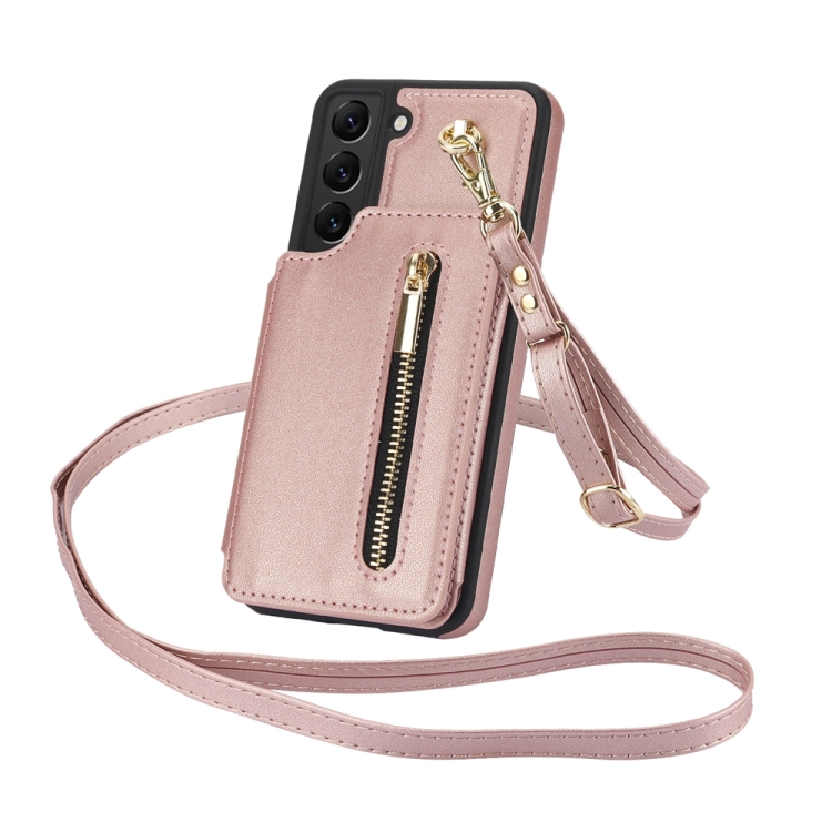 For Samsung Galaxy S22+ 5G YM006 Skin Feel Zipper Card Bag Phone Case with Dual Lanyard(Rose Gold) For Samsung Galaxy S22+ 5G YM006 Skin Feel Zipper Card Bag Phone Case with Dual Lanyard(Rose Gold)