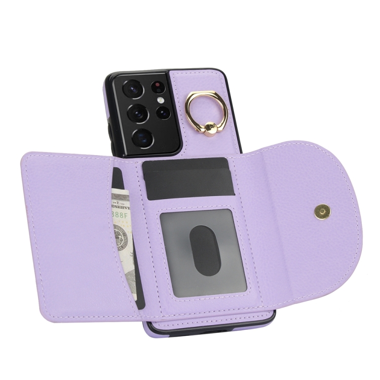 For Samsung Galaxy S21 Ultra 5G YM007 Ring Holder Card Bag Skin Feel Phone Case(Purple) For Samsung Galaxy S21 Ultra 5G YM007 Ring Holder Card Bag Skin Feel Phone Case(Purple)