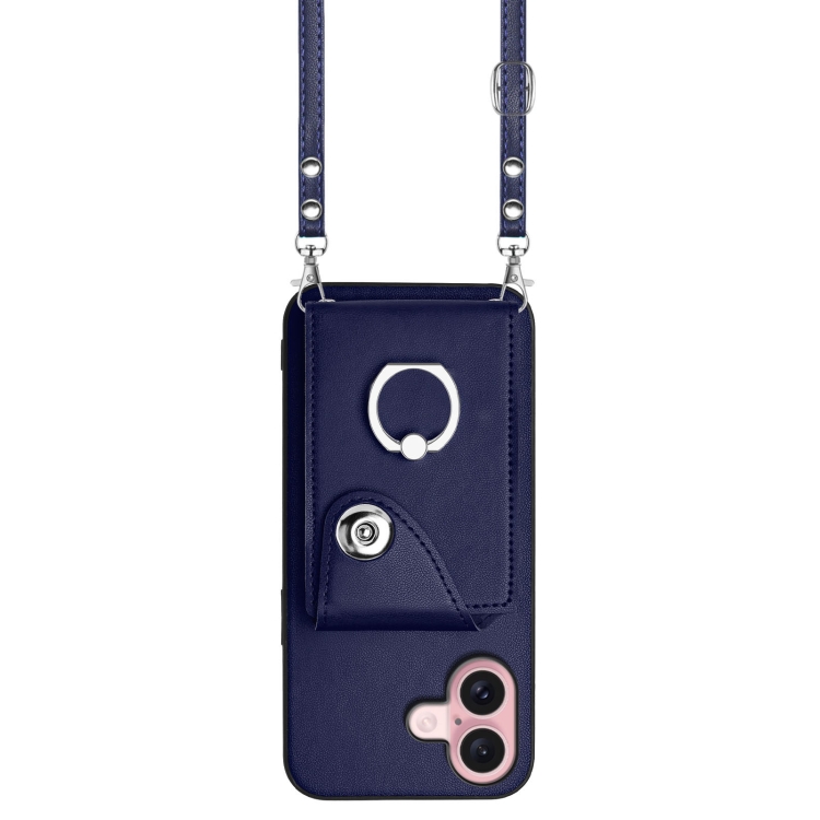 For iPhone 16 Organ Card Bag Ring Holder Phone Case with Long Lanyard(Blue) For iPhone 16 Organ Card Bag Ring Holder Phone Case with Long Lanyard(Blue)