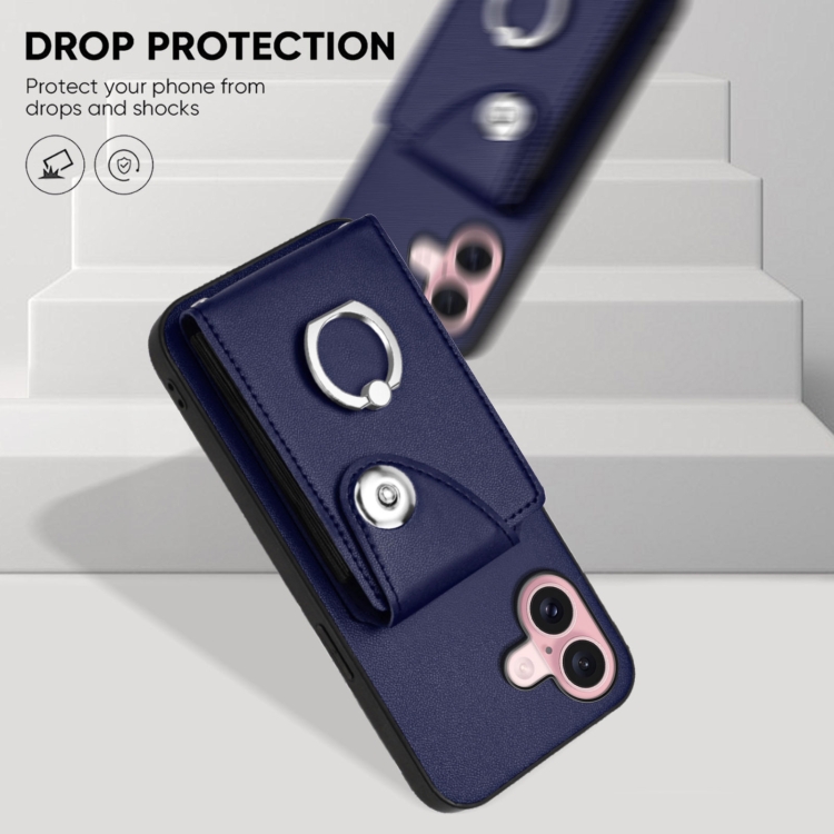For iPhone 16 Organ Card Bag Ring Holder Phone Case with Long Lanyard(Blue) For iPhone 16 Organ Card Bag Ring Holder Phone Case with Long Lanyard(Blue)