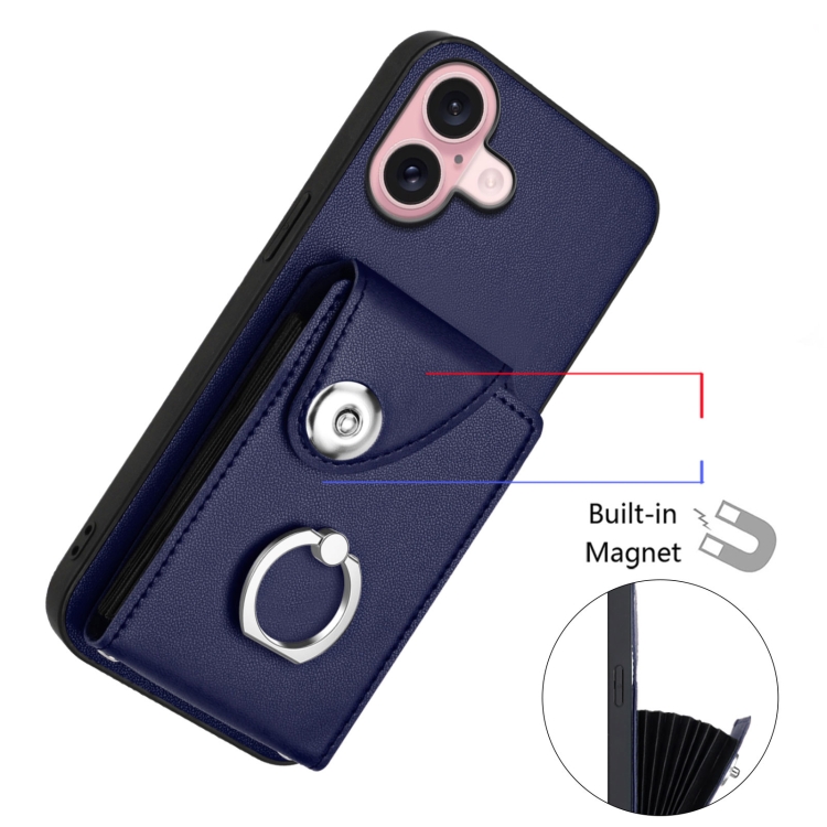 For iPhone 16 Organ Card Bag Ring Holder Phone Case with Long Lanyard(Blue) For iPhone 16 Organ Card Bag Ring Holder Phone Case with Long Lanyard(Blue)