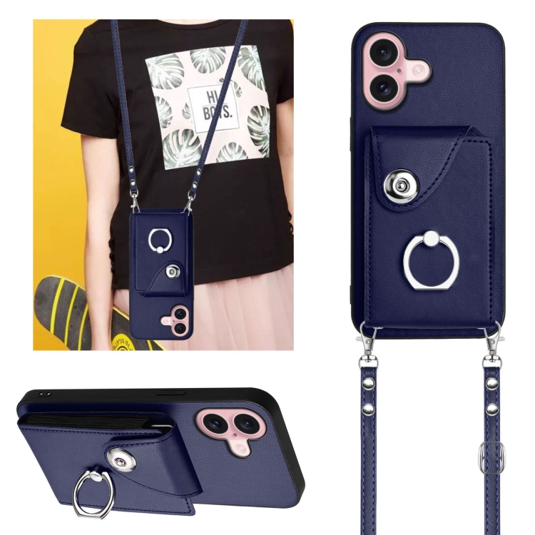For iPhone 16 Organ Card Bag Ring Holder Phone Case with Long Lanyard(Blue) For iPhone 16 Organ Card Bag Ring Holder Phone Case with Long Lanyard(Blue)