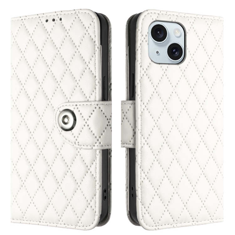 For iPhone 14 Rhombic Texture Flip Leather Phone Case with Lanyard(White) - 1