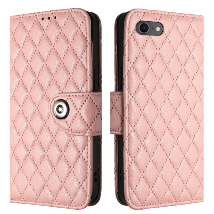 For iPhone SE 2022 / 2020 / 8 / 7 Rhombic Texture Flip Leather Phone Case with Lanyard(Coral Pink) For iPhone SE 2022 / 2020 / 8 / 7 Rhombic Texture Flip Leather Phone Case with Lanyard(Coral Pink)