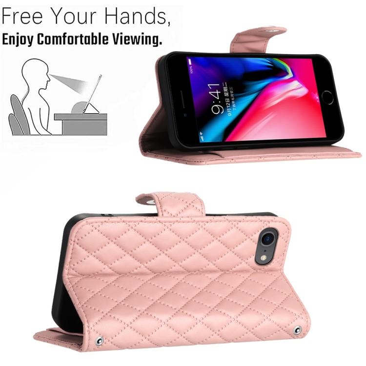 For iPhone SE 2022 / 2020 / 8 / 7 Rhombic Texture Flip Leather Phone Case with Lanyard(Coral Pink) For iPhone SE 2022 / 2020 / 8 / 7 Rhombic Texture Flip Leather Phone Case with Lanyard(Coral Pink)