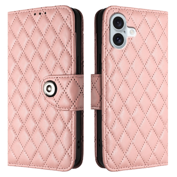 For iPhone 16 Plus Rhombic Texture Flip Leather Phone Case with Lanyard(Coral Pink) For iPhone 16 Plus Rhombic Texture Flip Leather Phone Case with Lanyard(Coral Pink)