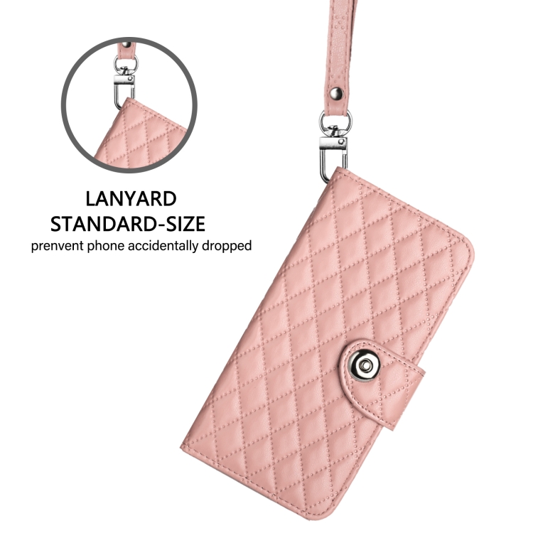 For iPhone 16 Plus Rhombic Texture Flip Leather Phone Case with Lanyard(Coral Pink) For iPhone 16 Plus Rhombic Texture Flip Leather Phone Case with Lanyard(Coral Pink)