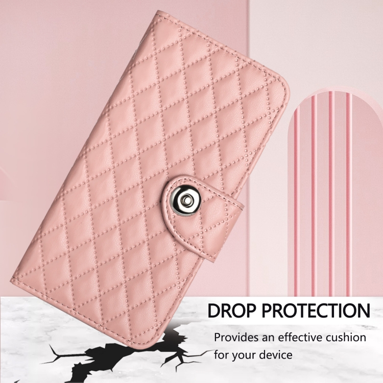 For iPhone 16 Plus Rhombic Texture Flip Leather Phone Case with Lanyard(Coral Pink) For iPhone 16 Plus Rhombic Texture Flip Leather Phone Case with Lanyard(Coral Pink)