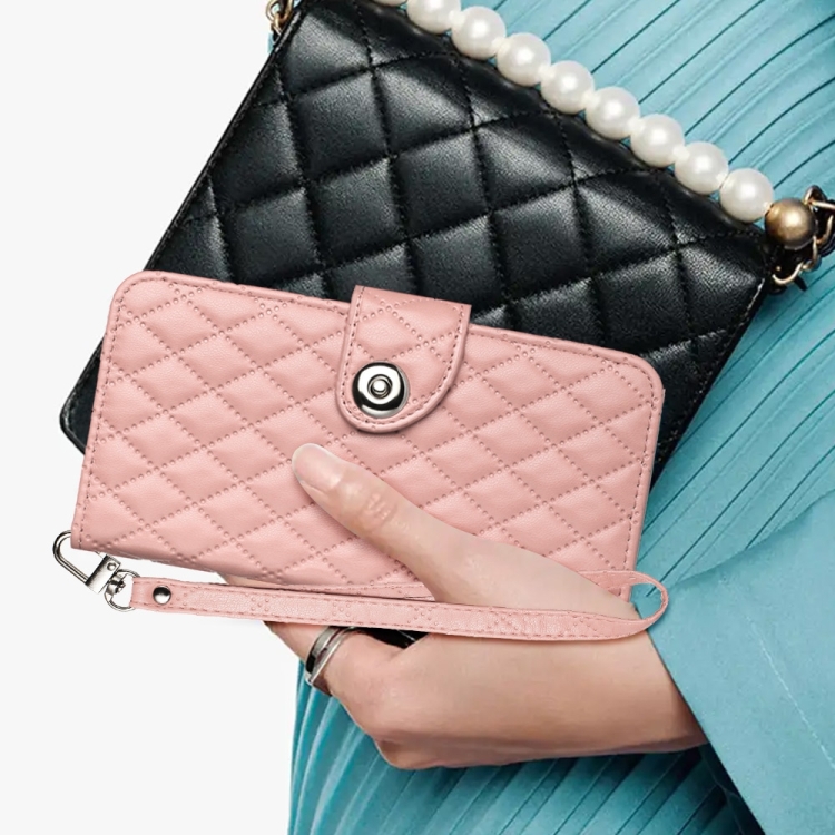 For iPhone 16 Plus Rhombic Texture Flip Leather Phone Case with Lanyard(Coral Pink) For iPhone 16 Plus Rhombic Texture Flip Leather Phone Case with Lanyard(Coral Pink)