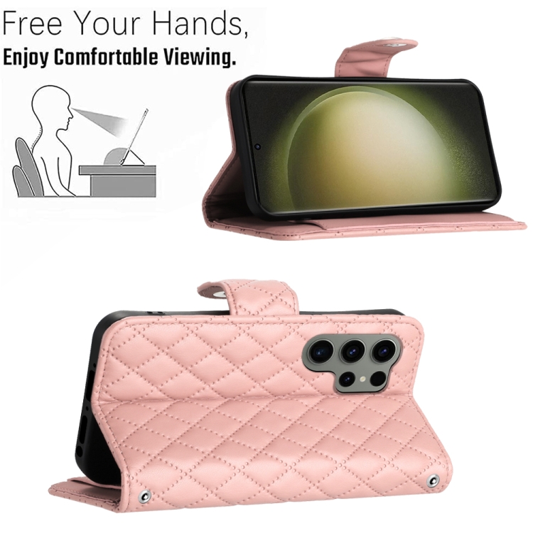 For Samsung Galaxy S23 Ultra 5G Rhombic Texture Flip Leather Phone Case with Lanyard(Coral Pink) For Samsung Galaxy S23 Ultra 5G Rhombic Texture Flip Leather Phone Case with Lanyard(Coral Pink)