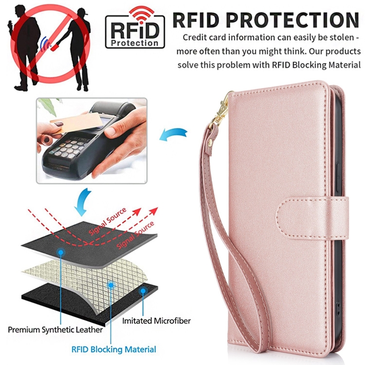 For iPhone 14 Multi-Card Wallet RFID Leather Phone Case(Rose Gold) - 1